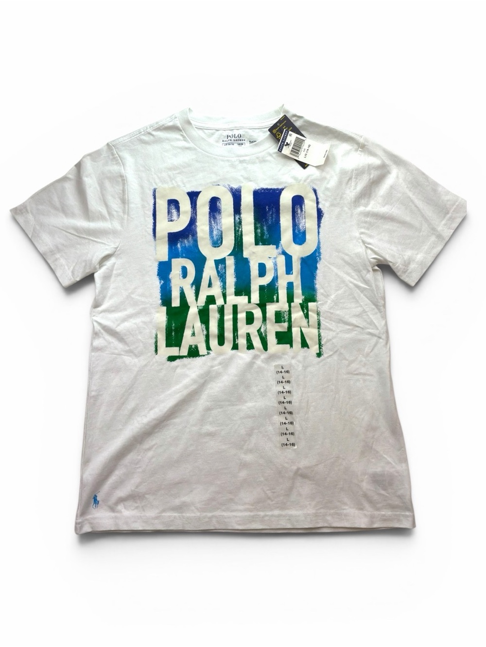 NWT Polo by Ralph Lauren White Graphic Logo Tee - Blue & Green Boys L/G 14-16